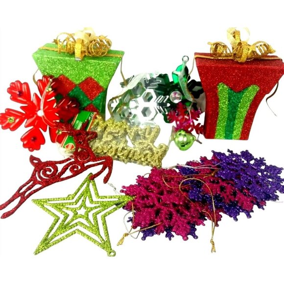 Glitter Christmas Ornaments Set Of 17 Reindeer Star Gift Boxes Snowflakes - Picture 6 of 6